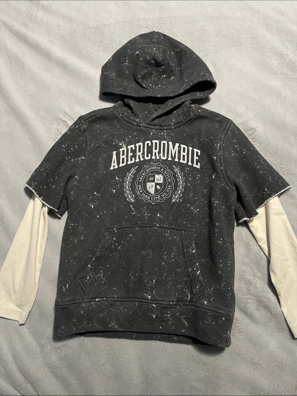 abercrombie kids Black Speckled Hoodie with Cream Layered Sleeves